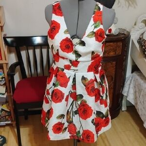 Floral Sleeveless Dress - Red Roses on White